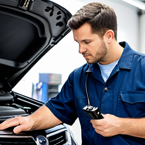Home 15 A professional male auto mechanic in a clean, modest work uniform, fully clothed, appropriate attire, meticulously using an advanced diagnostic scanner and oscilloscope connected to a modern car's engine bay. The setting is a well-lit, organized auto repair shop with various electronic tools visible in the background. He has perfect anatomy, correct proportions, natural pose, well-formed hands, and proper finger count, natural body proportions. The image should be a professional photograph, high quality, safe for work, appropriate content, family-friendly.