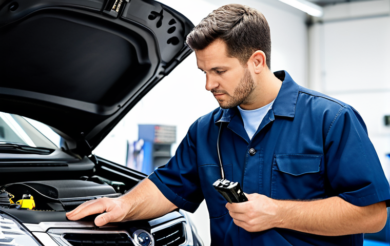 A professional male auto mechanic in a clean, modest work uniform, fully clothed, appropriate attire, meticulously using an advanced diagnostic scanner and oscilloscope connected to a modern car's engine bay. The setting is a well-lit, organized auto repair shop with various electronic tools visible in the background. He has perfect anatomy, correct proportions, natural pose, well-formed hands, and proper finger count, natural body proportions. The image should be a professional photograph, high quality, safe for work, appropriate content, family-friendly.