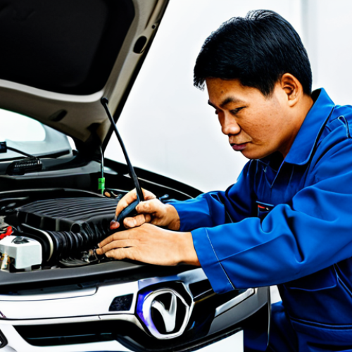 Home 7 **
A fully clothed professional mechanic in a clean, modern Vietnamese auto repair shop, working on a car engine. The mechanic is wearing appropriate work attire and using professional tools. The background includes visible tools, equipment, and a diagnostic computer. The scene is well-lit and organized. Safe for work, appropriate content, perfect anatomy, natural proportions, professional, family-friendly, well-formed hands, proper finger count.
**