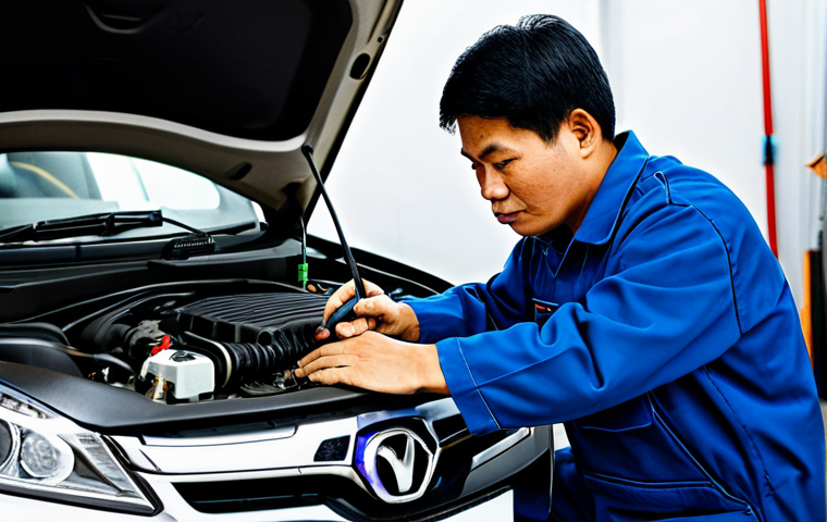 **

A fully clothed professional mechanic in a clean, modern Vietnamese auto repair shop, working on a car engine. The mechanic is wearing appropriate work attire and using professional tools.  The background includes visible tools, equipment, and a diagnostic computer. The scene is well-lit and organized. Safe for work, appropriate content, perfect anatomy, natural proportions, professional, family-friendly, well-formed hands, proper finger count.

**